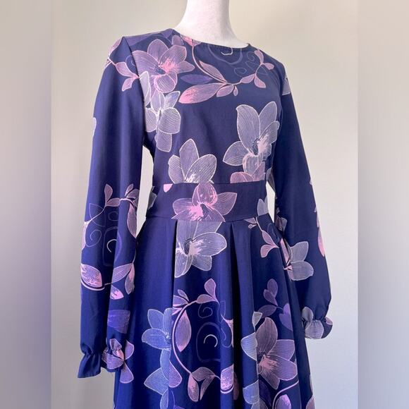 Simple Flavor Purple & Pink Floral Print Long Sleeve Knee Length A-Line Dress - Picture 4 of 8